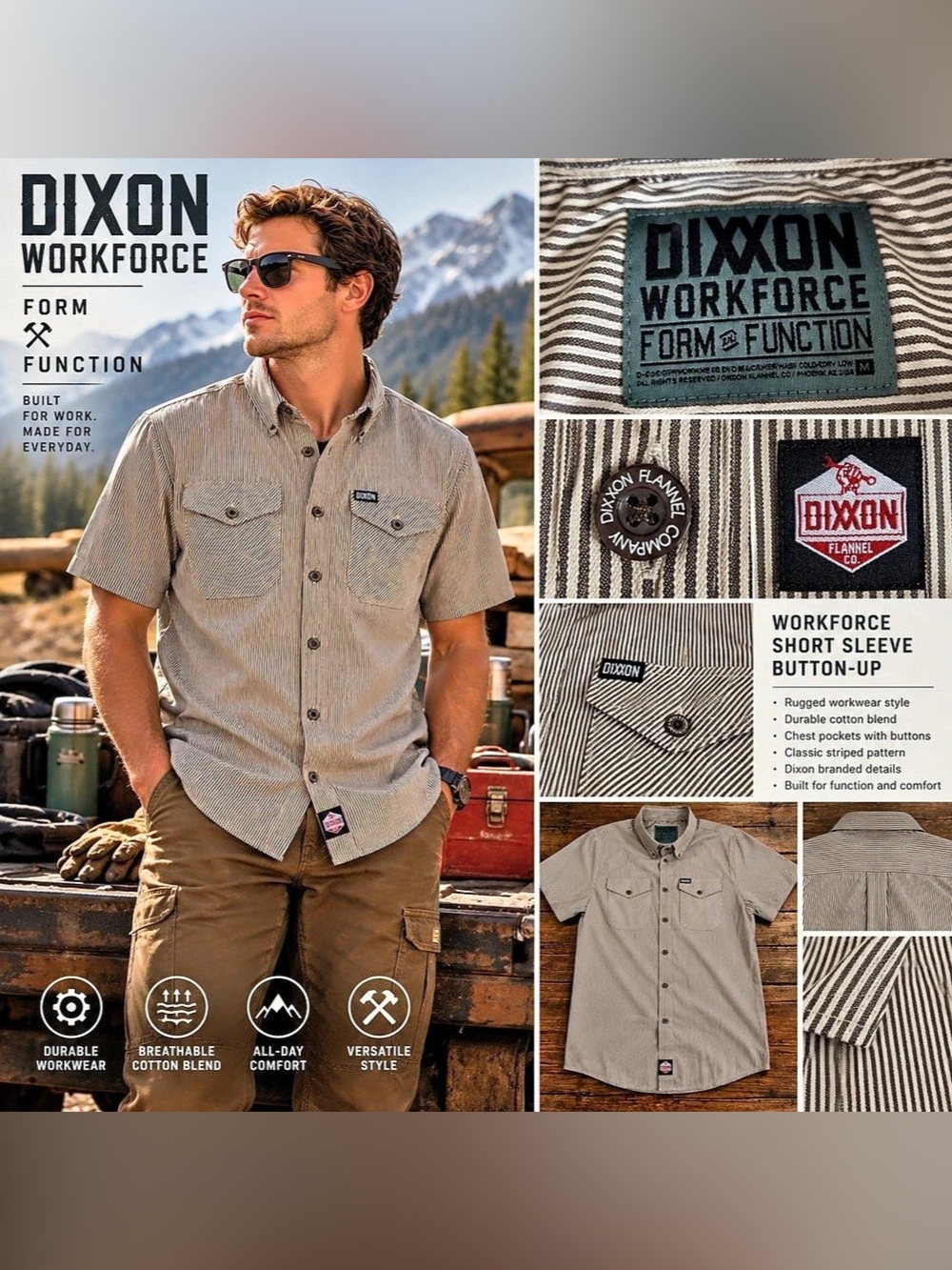 DIXON Workforce Form & Function Striped Short Sleeve Shirt Size Medium Like New